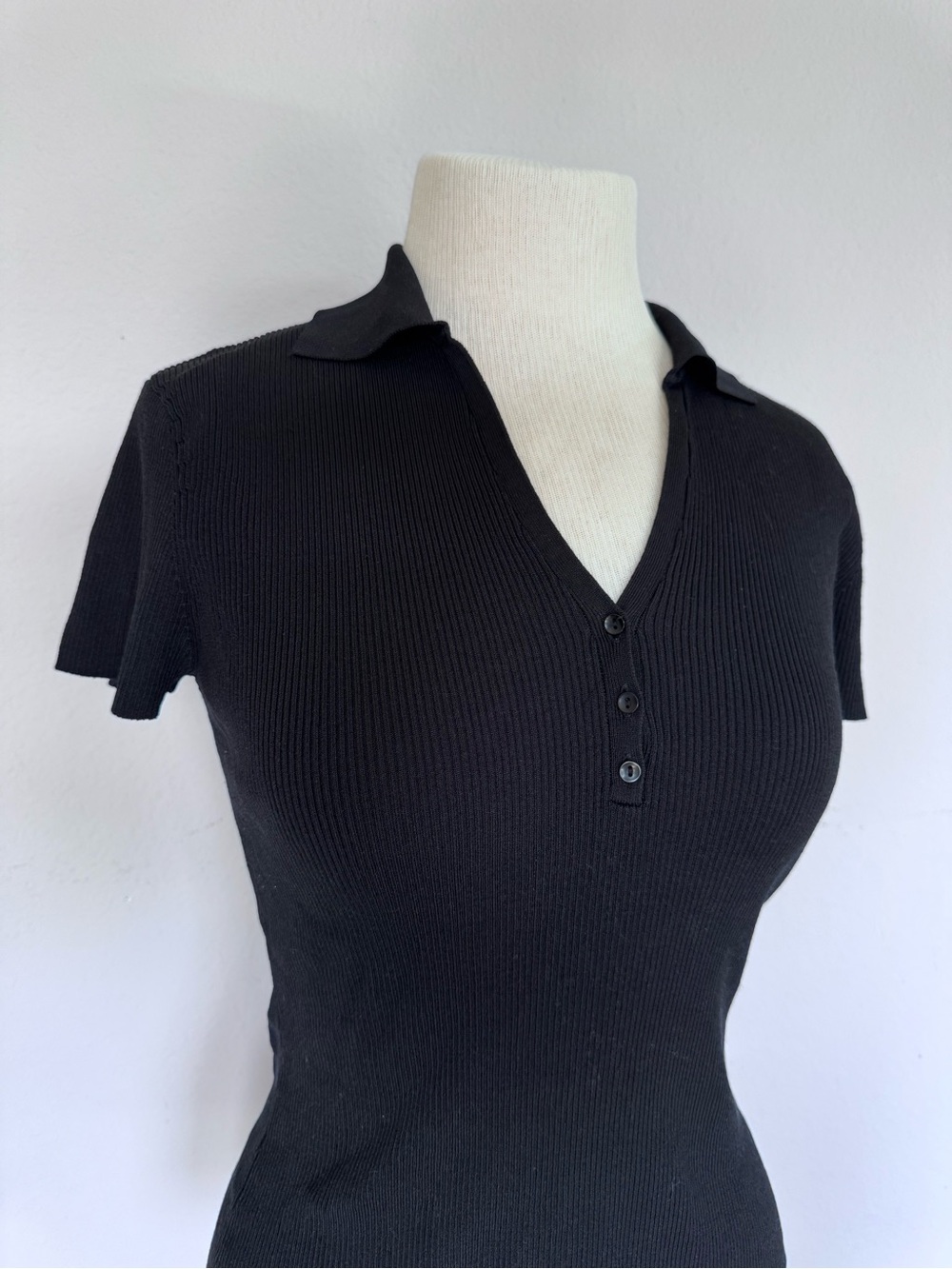 Nine West Vintage Ribbed Knit Polo Top Short Sleeve Black Size S